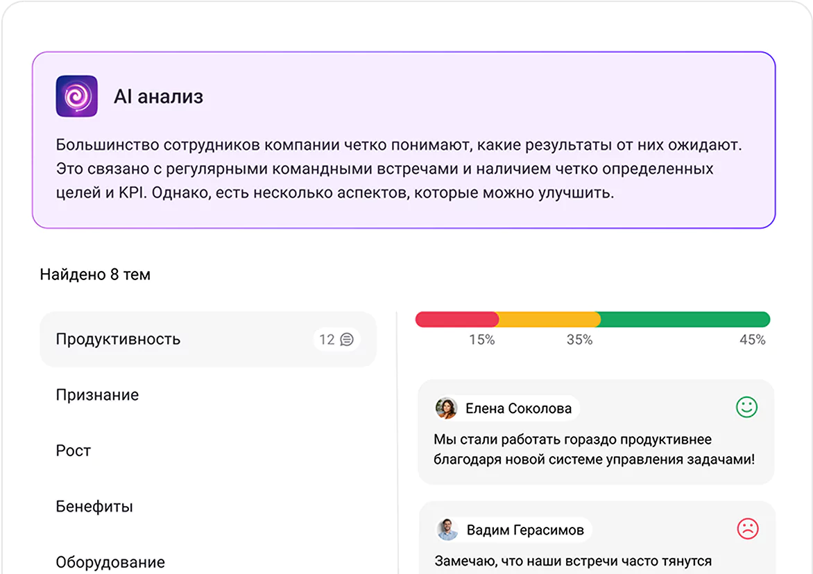 AI в Jinn группирует комментарии сотрудников, а также генерирует инсайты на основе собранных данных