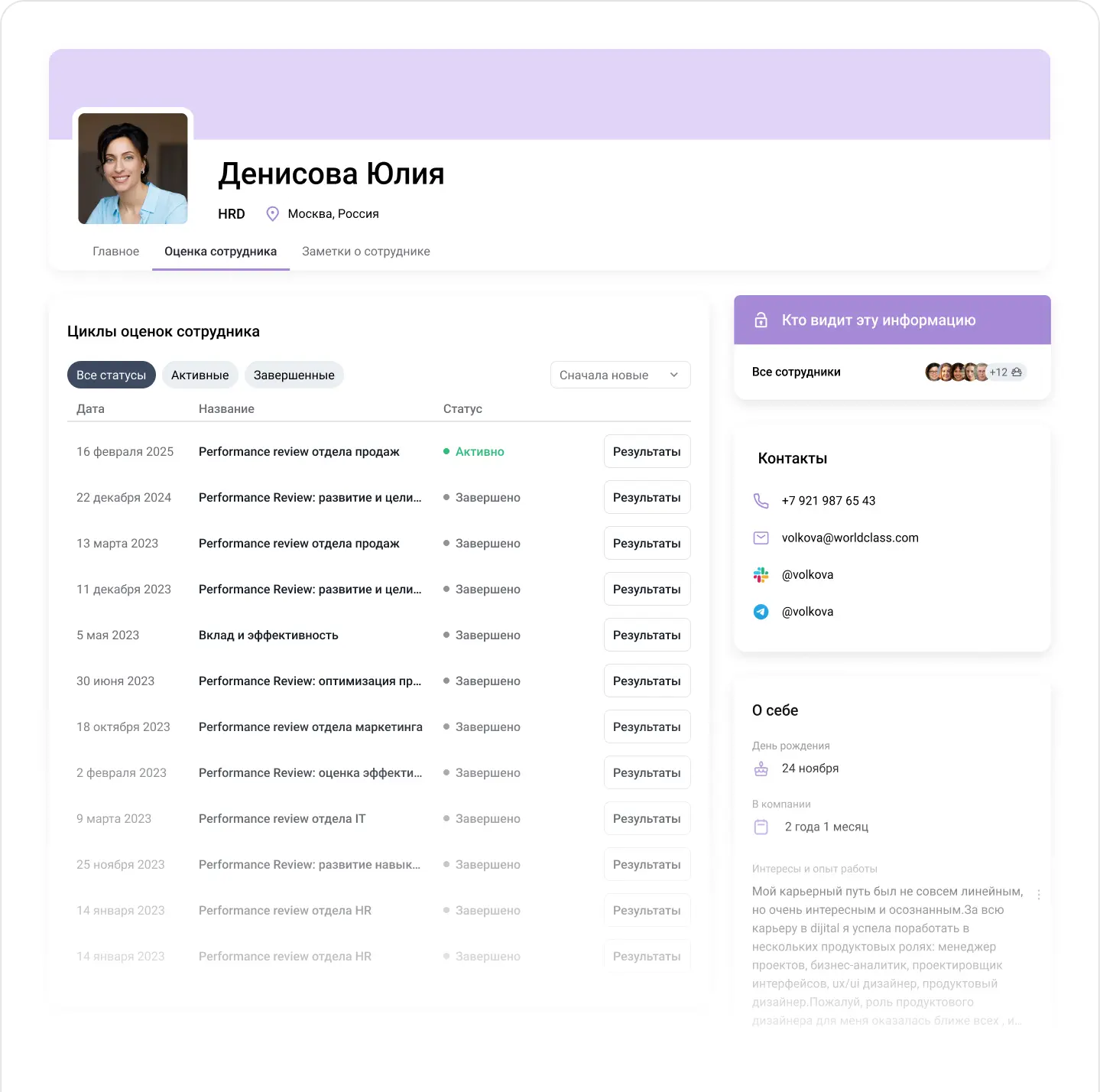 В личном профиле хранятся результаты оценки сотрудника, обратная связь от коллег и данные из 1С
