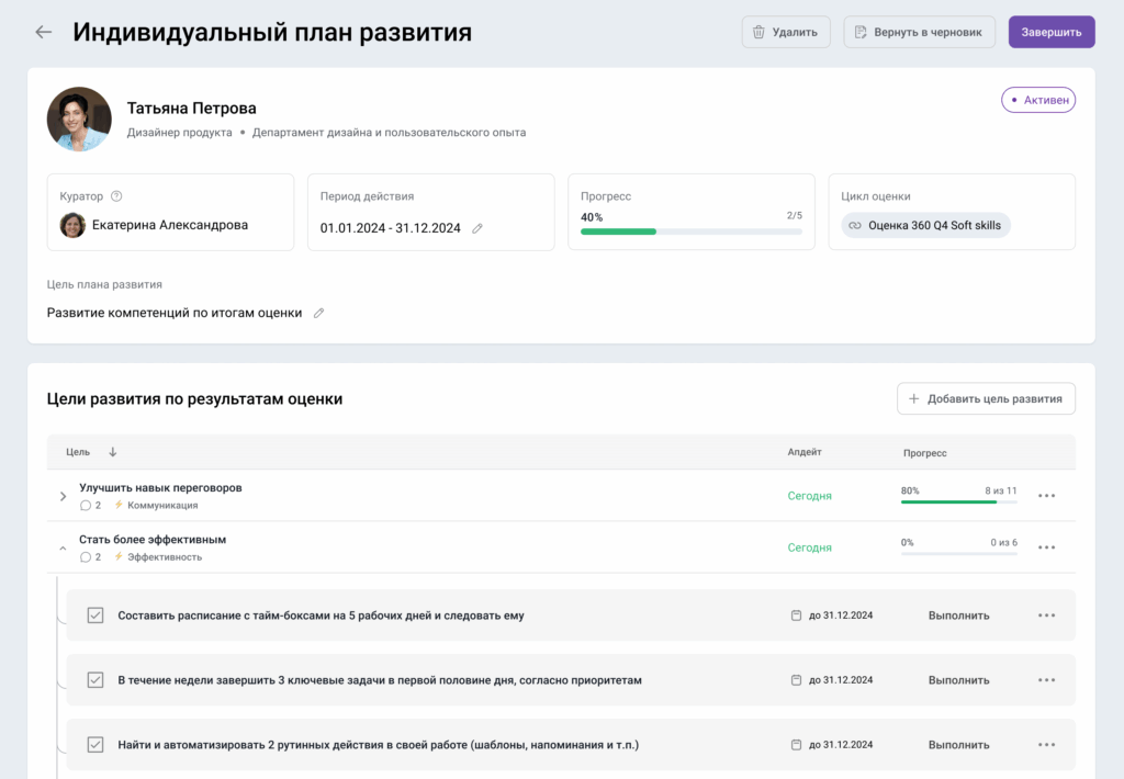 Пример индивидуального плана развития сотрудника